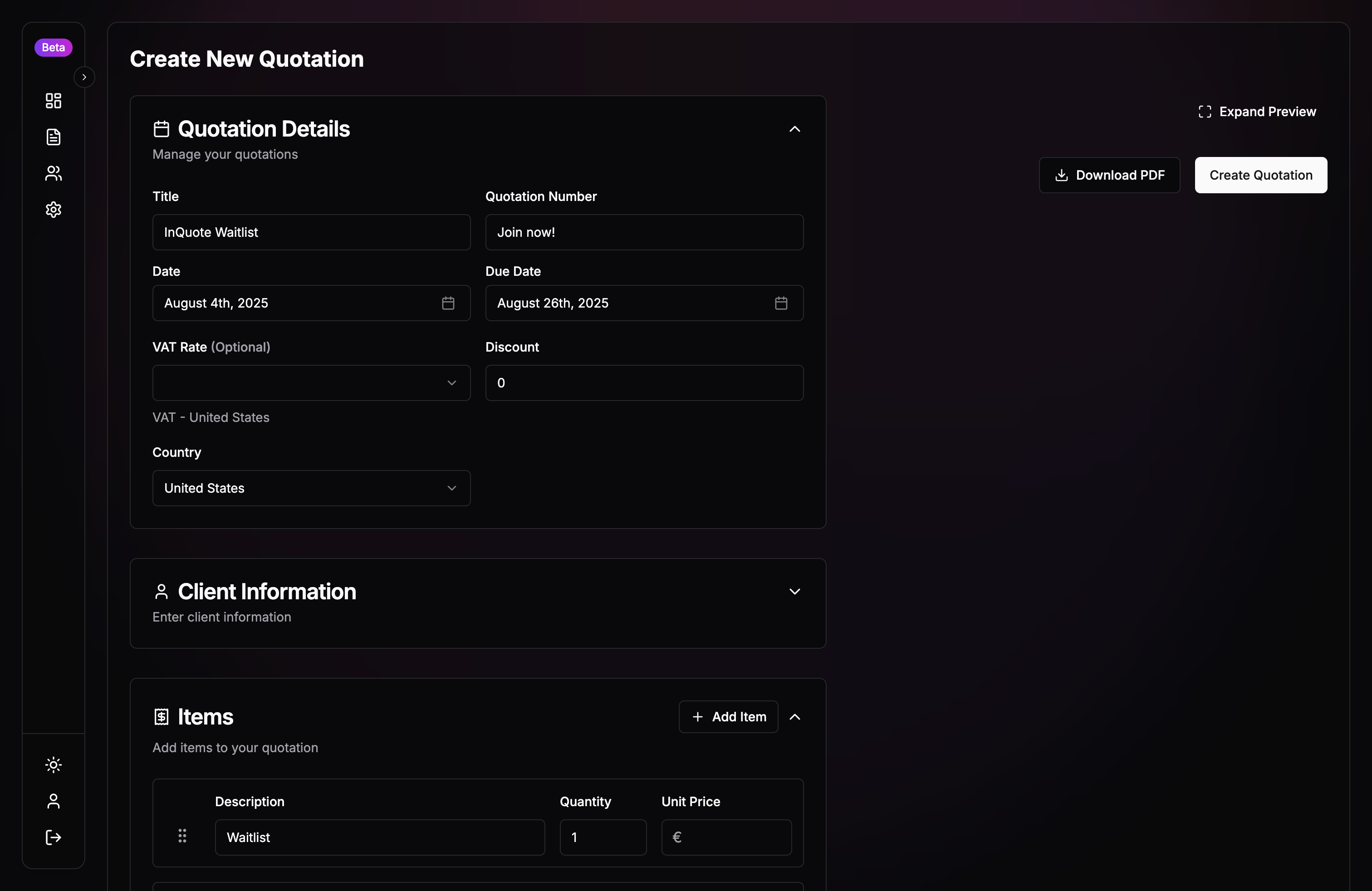 InQuote app preview showing professional quotation creation interface